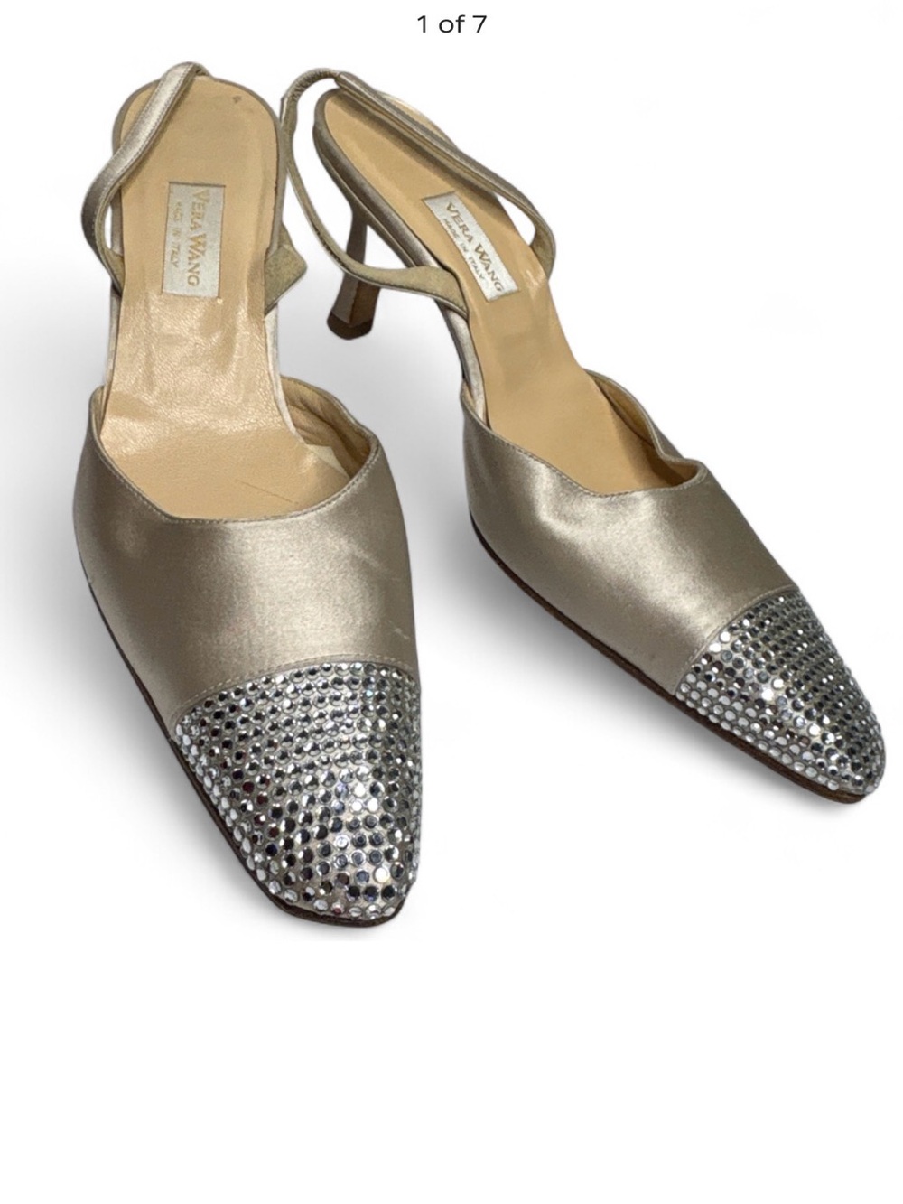 Vintage Vera Wang Champagne Slingback Pumps w/ Crystal-Studded Pointed Toe